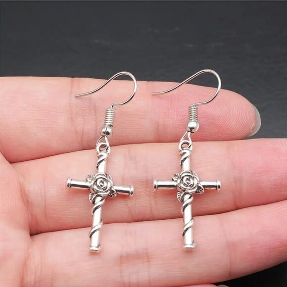 Minimalist Style Floral Cross Earrings simple earrings - Picture 2 of 4